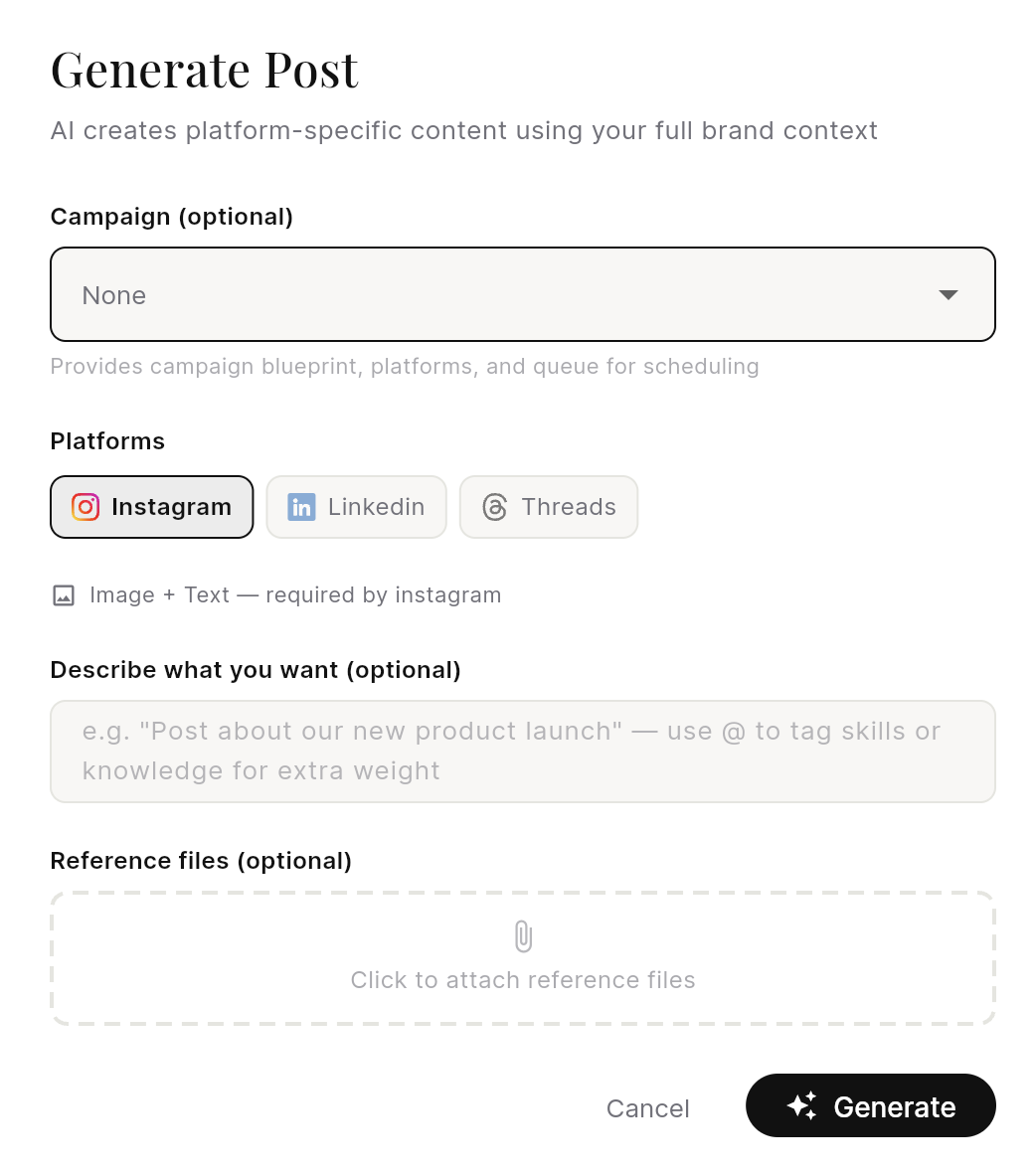 AI post generation flow using campaign context